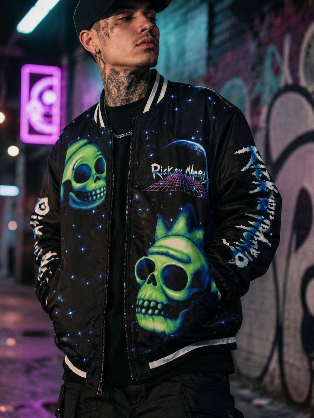 Rick and Morty Black Bomber Jacket with Neon Green Skull Artwork